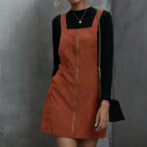Rust Brown Casual Womens Corduroy O-Ring Zipper Mini Overall Dress - Picture 1 of 5